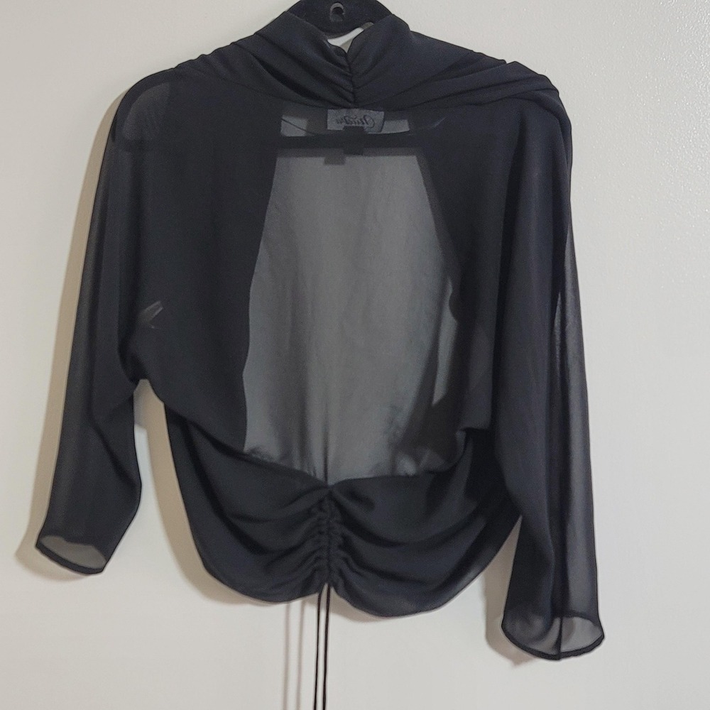 Vtg Nueva Mesh Crop Cardigan size 14 Black Open Front Sheer Minimalist